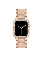 Rhinestone Decor 3 Beads Replacement Watch Strap + Anti-Scratch Double Row Rhinestone PC Watch Case Cover for Apple Watch Series 7 41mm - Rose Gold