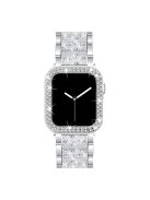 Rhinestone Decor 3 Beads Replacement Watch Strap + Anti-Scratch Double Row Rhinestone PC Watch Case Cover for Apple Watch Series 7 41mm - Silver