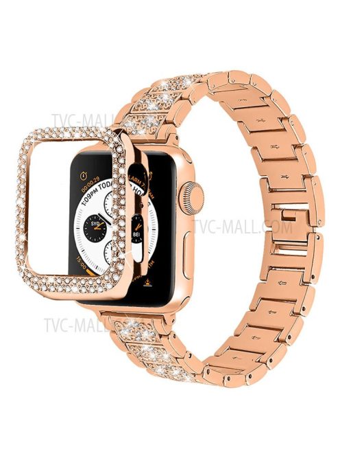 Rhinestone Decor 3 Beads Stainless Steel Watchband + Double Row Rhinestone PC Watch Case Protective Cover for Apple Watch Series 7 45mm - Rose Gold