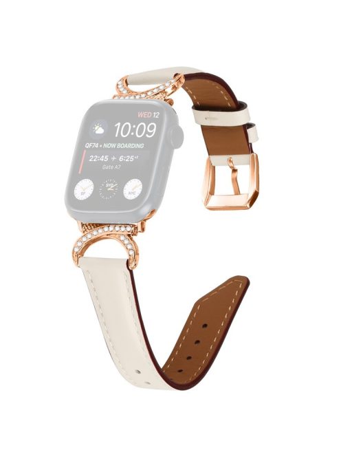 Rhinestone Watch Band for Apple Watch Series 10 42mm / 9 8 7 41mm / SE (2023) SE (2022) SE 6 5 4 40mm / 3 2 1 38mm Genuine Cowhide Leather Strap with Rose Gold Buckle - Apricot