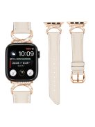 Rhinestone Watch Band for Apple Watch Series 10 42mm / 9 8 7 41mm / SE (2023) SE (2022) SE 6 5 4 40mm / 3 2 1 38mm Genuine Cowhide Leather Strap with Rose Gold Buckle - Apricot