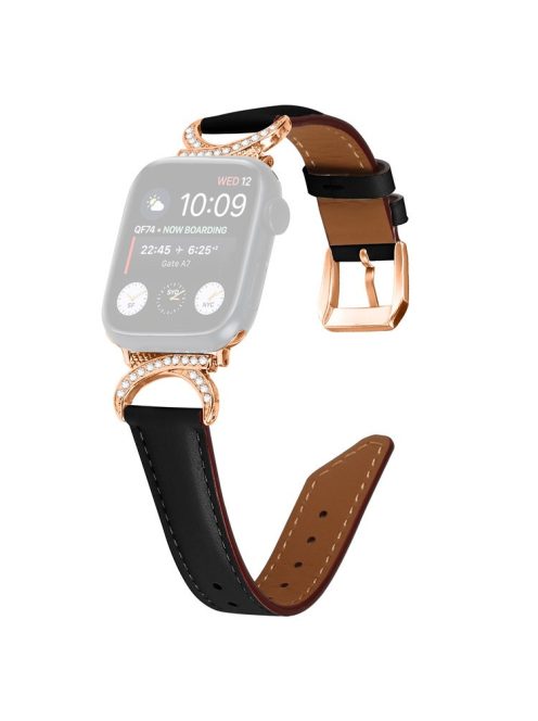 Rhinestone Watch Band for Apple Watch Series 10 42mm / 9 8 7 41mm / SE (2023) SE (2022) SE 6 5 4 40mm / 3 2 1 38mm Genuine Cowhide Leather Strap with Rose Gold Buckle - Black