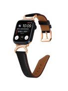 Rhinestone Watch Band for Apple Watch Series 10 42mm / 9 8 7 41mm / SE (2023) SE (2022) SE 6 5 4 40mm / 3 2 1 38mm Genuine Cowhide Leather Strap with Rose Gold Buckle - Black