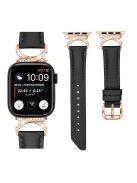 Rhinestone Watch Band for Apple Watch Series 10 42mm / 9 8 7 41mm / SE (2023) SE (2022) SE 6 5 4 40mm / 3 2 1 38mm Genuine Cowhide Leather Strap with Rose Gold Buckle - Black