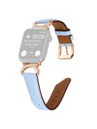 Rhinestone Watch Band for Apple Watch Series 10 42mm / 9 8 7 41mm / SE (2023) SE (2022) SE 6 5 4 40mm / 3 2 1 38mm Genuine Cowhide Leather Strap with Rose Gold Buckle - Blue