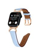 Rhinestone Watch Band for Apple Watch Series 10 42mm / 9 8 7 41mm / SE (2023) SE (2022) SE 6 5 4 40mm / 3 2 1 38mm Genuine Cowhide Leather Strap with Rose Gold Buckle - Blue