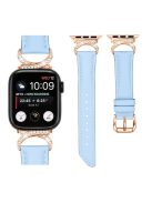 Rhinestone Watch Band for Apple Watch Series 10 42mm / 9 8 7 41mm / SE (2023) SE (2022) SE 6 5 4 40mm / 3 2 1 38mm Genuine Cowhide Leather Strap with Rose Gold Buckle - Blue