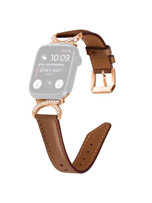 Rhinestone Watch Band for Apple Watch Series 10 42mm / 9 8 7 41mm / SE (2023) SE (2022) SE 6 5 4 40mm / 3 2 1 38mm Genuine Cowhide Leather Strap with Rose Gold Buckle - Brown