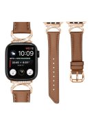 Rhinestone Watch Band for Apple Watch Series 10 42mm / 9 8 7 41mm / SE (2023) SE (2022) SE 6 5 4 40mm / 3 2 1 38mm Genuine Cowhide Leather Strap with Rose Gold Buckle - Brown