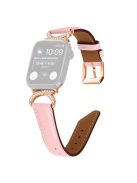 Rhinestone Watch Band for Apple Watch Series 10 42mm / 9 8 7 41mm / SE (2023) SE (2022) SE 6 5 4 40mm / 3 2 1 38mm Genuine Cowhide Leather Strap with Rose Gold Buckle - Pink