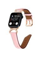 Rhinestone Watch Band for Apple Watch Series 10 42mm / 9 8 7 41mm / SE (2023) SE (2022) SE 6 5 4 40mm / 3 2 1 38mm Genuine Cowhide Leather Strap with Rose Gold Buckle - Pink