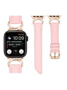 Rhinestone Watch Band for Apple Watch Series 10 42mm / 9 8 7 41mm / SE (2023) SE (2022) SE 6 5 4 40mm / 3 2 1 38mm Genuine Cowhide Leather Strap with Rose Gold Buckle - Pink