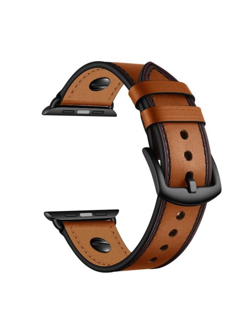 Rivet Decor Top Layer Genuine Leather Watch Strap Replacement for Apple Watch Series 10 46mm / Ultra 2 Ultra 49mm / 9 8 7 45mm / SE (2023) SE (2022) SE 6 5 4 44mm / 3 2 1 42mm - Brown