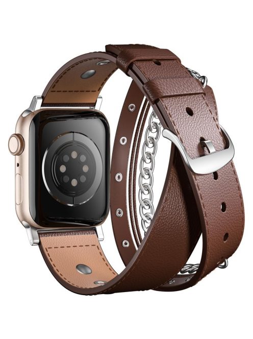 S / M Size Double Circle Punk Watch Strap for Apple Watch Series 10 42mm / 9 8 7 41mm / 6 5 4 SE (2022) SE (2023) SE 40mm / 3 2 1 38mm Cowhide Leather Band - Brown