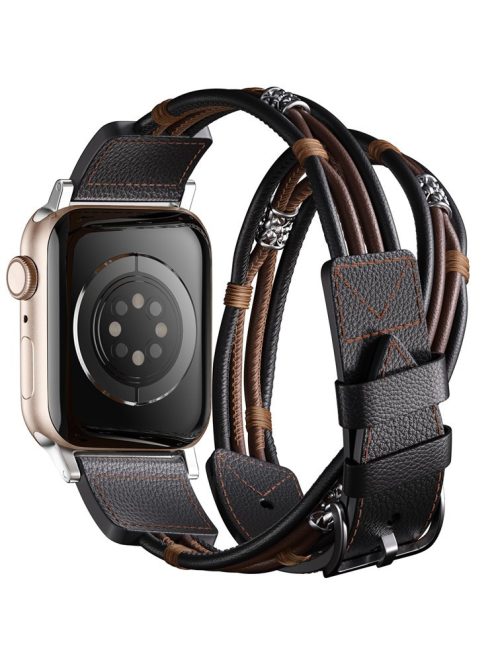 S / M Size Ethnic Style Double Circle Strap for Apple Watch Series 10 42mm / 9 8 7 41mm / 6 5 4 SE (2022) SE (2023) SE 40mm / 3 2 1 38mm Cowhide Watch Band - Black