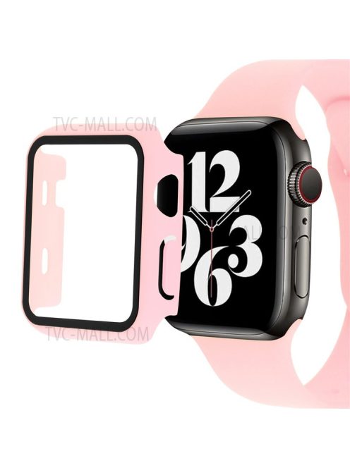 Silicone Watch Strap with PC Frame+Tempered Glass Screen Protector Anti-scratch Replacement for Apple Watch Series 7 45mm - Deep Pink