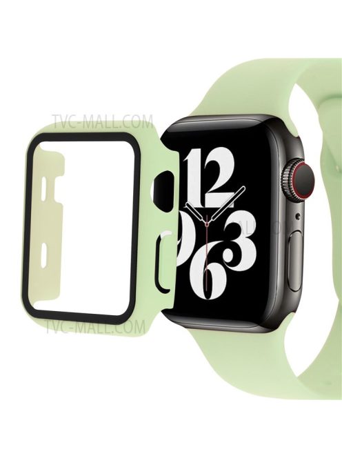 Silicone Watch Strap with PC Frame+Tempered Glass Screen Protector Anti-scratch Replacement for Apple Watch Series 7 45mm - Light Green