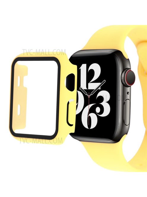 Silicone Watch Strap with PC Frame+Tempered Glass Screen Protector Anti-scratch Replacement for Apple Watch Series 7 45mm - Yellow