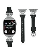 Silver Buckle Watch Band for Apple Watch Series 10 46mm / Ultra 2 Ultra 49mm /  Series 9 8 7 45mm / 6 5 4 SE (2023) SE (2022) SE 44mm / 3 2 1 42mm , Rhinestone Decor Genuine Cow Leather Strap - Black