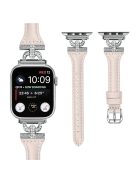 Silver Buckle Watch Band for Apple Watch Series 10 46mm / Ultra 2 Ultra 49mm /  Series 9 8 7 45mm / 6 5 4 SE (2023) SE (2022) SE 44mm / 3 2 1 42mm , Rhinestone Genuine Cow Leather Strap - Apricot