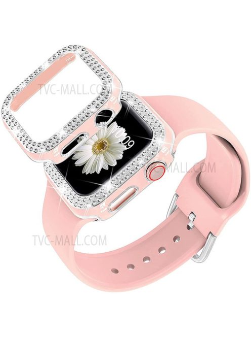 Soft Silicone Smart Watch Strap Replacement with Rhinestone Decor Watch Frame Cover for Apple Watch Series 4 / 5 / 6 / SE 44mm / SE (2022) 44mm - Pink