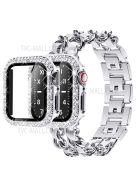 Stainless Steel + PU Leather Chain Strap with Double Row Rhinestone Drop-Proof Protective Case for Apple Watch Series 1 / 2 / 3 38mm - Silver / White Leather