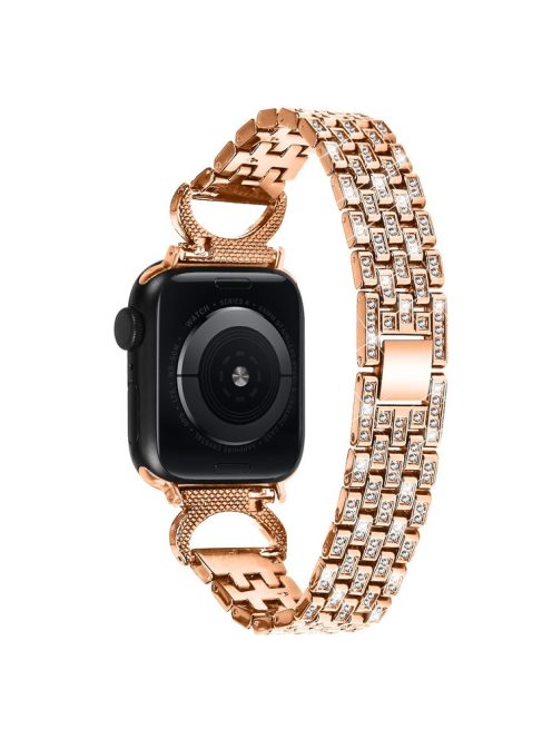 Stainless Steel Metal Strap for Apple Watch Series 10 46mm / Ultra 2 Ultra 49mm /  Series 9 8 7 45mm / 6 5 4 SE (2023) SE (2022) SE 44mm / 3 2 1 42mm , 5-Bead Rhinestone Decor Watch Band - Rose Gold