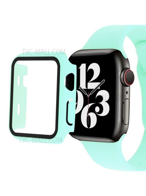 Tempered Glass Screen Protector PC Watch Case Cover + Silicone Watch Band for Apple Watch Series 7 41mm - Cyan