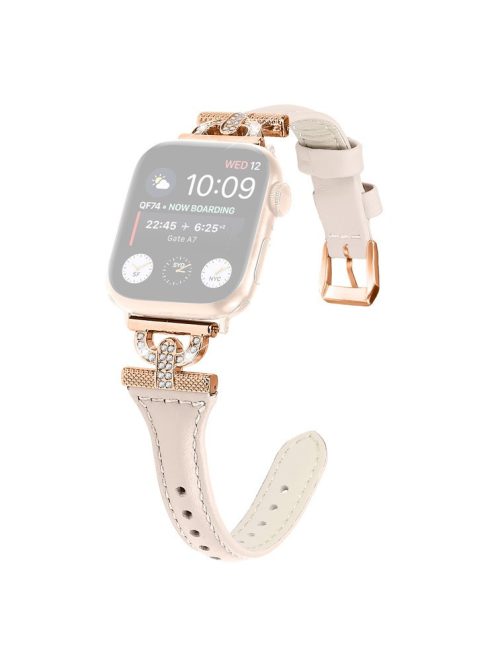 Watch Band for Apple Watch Series 10 42mm / 9 8 7 41mm / SE (2023) SE (2022) SE 6 5 4 40mm / 3 2 1 38mm Genuine Cow Leather Rhinestone Decor Strap with Rose Gold Buckle - Apricot