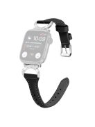 Watch Band for Apple Watch Series 10 42mm / 9 8 7 41mm / SE (2023) SE (2022) SE 6 5 4 40mm / 3 2 1 38mm Genuine Cowhide Leather Rhinestone Strap with Silver Buckle - Black