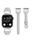 Watch Band for Apple Watch Series 10 42mm / 9 8 7 41mm / SE (2023) SE (2022) SE 6 5 4 40mm / 3 2 1 38mm Genuine Cowhide Leather Rhinestone Strap with Silver Buckle - Grey