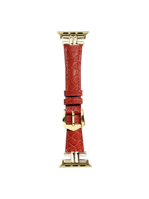 Watch Band for Apple Watch Series 10 42mm / 9 8 7 41mm / SE (2023) SE (2022) SE 6 5 4 40mm / 3 2 1 38mm Leather Wrist Strap - Red+Gold Buckle