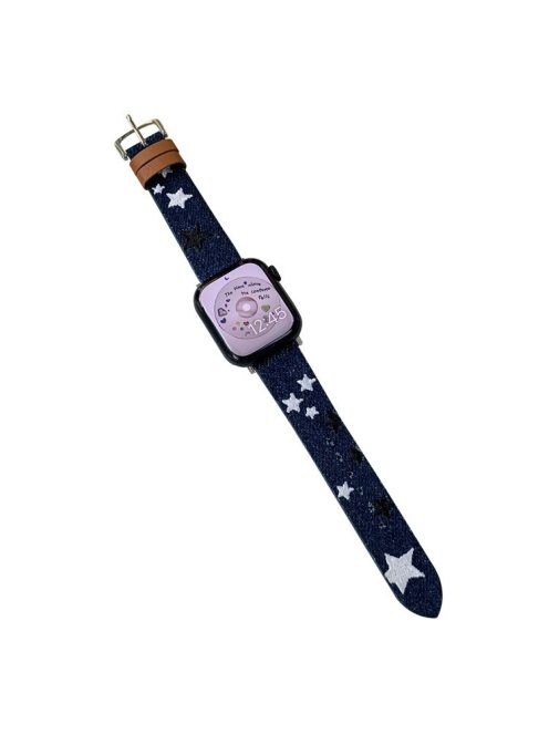 Watch Band for Apple Watch Series 10 42mm / 9 8 7 41mm / SE (2023) SE (2022) SE 6 5 4 40mm / 3 2 1 38mm Watchband Embroidery Watch Strap - Five-Pointed Star Dark Blue Denim