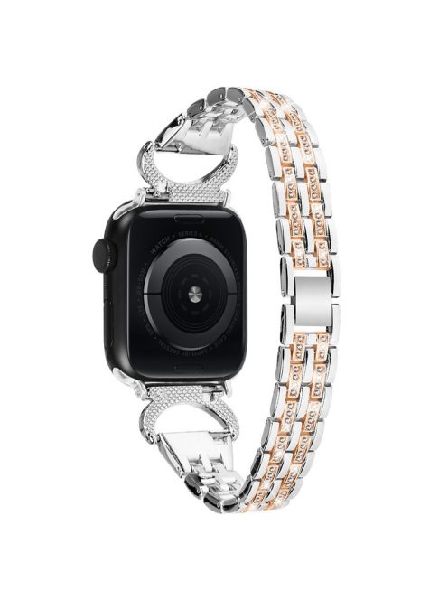 Watch Band for Apple Watch Series 10 46mm / Ultra 2 Ultra 49mm /  Series 9 8 7 45mm / 6 5 4 SE (2023) SE (2022) SE 44mm / 3 2 1 42mm , 5-Bead Rhinestone Stainless Steel Bracelet - Silver+Rose Gold