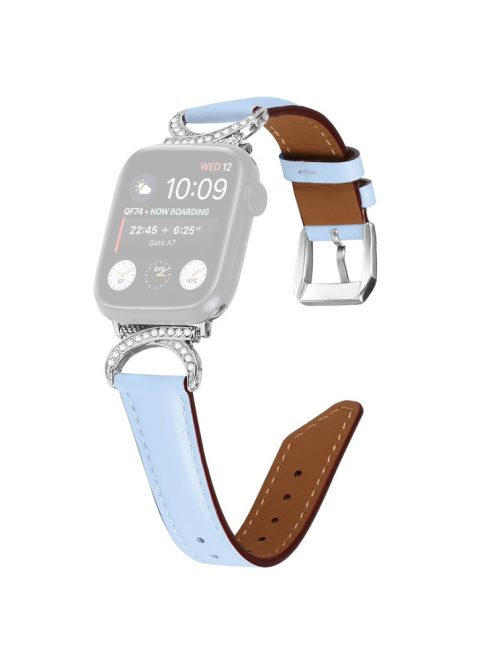 Watch Band for Apple Watch Series 10 46mm / Ultra 2 Ultra 49mm /  Series 9 8 7 45mm / 6 5 4 SE (2023) SE (2022) SE 44mm / 3 2 1 42mm Genuine Cowhide Leather Rhinestone Strap with Silver Buckle - Blue