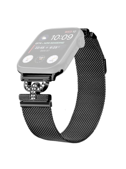 Watch Strap for Apple Watch Series 10 42mm / 9 8 7 41mm / SE (2023) SE (2022) SE 6 5 4 40mm / 3 2 1 38mm Rhinestones D-Shape Design Magnetic Milanese Strap Stainless Steel Watch Band - Black