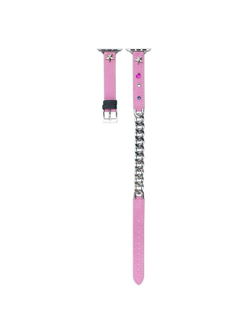 Watch Strap for Apple Watch Series 10 42mm / 9 8 7 41mm / SE (2023) SE (2022) SE 6 5 4 40mm / 3 2 1 38mm Rivet Decor Watch Strap Genuine Cow Leather Metal Chain Watchband - Pink