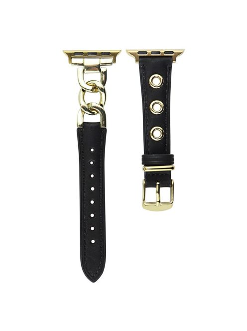 Watch Strap for Apple Watch Series 10 42mm / 9 8 7 41mm / SE (2023) SE (2022) SE 6 5 4 40mm / 3 2 1 38mm Watch Band Genuine Cow Leather Chain Hole Strap - Black+Gold Buckle