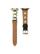 Watch Strap for Apple Watch Series 10 42mm / 9 8 7 41mm / SE (2023) SE (2022) SE 6 5 4 40mm / 3 2 1 38mm Watch Band Genuine Cow Leather Chain Hole Strap - Black+Gold Buckle