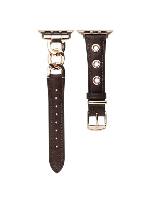 Watch Strap for Apple Watch Series 10 42mm / 9 8 7 41mm / SE (2023) SE (2022) SE 6 5 4 40mm / 3 2 1 38mm Watch Band Genuine Cow Leather Chain Hole Strap - Dark Brown+Rose Gold Buckle