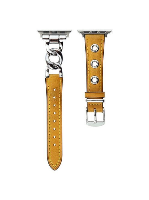 Watch Strap for Apple Watch Series 10 42mm / 9 8 7 41mm / SE (2023) SE (2022) SE 6 5 4 40mm / 3 2 1 38mm Watch Band Genuine Cow Leather Chain Hole Strap - Yellow+Silver Buckle