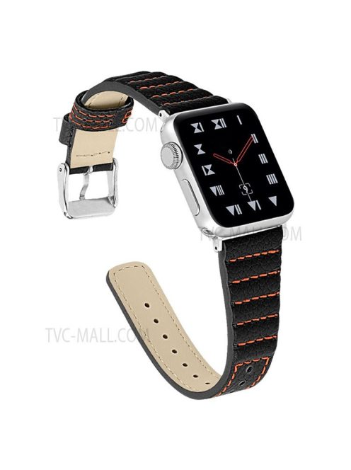 Wave Texture Cowhide Genuine Leather Smart Watch Strap Watchband for Apple Watch Series 10 46mm / Ultra 2 Ultra 49mm / 9 8 7 45mm / SE (2023) SE (2022) SE 6 5 4 44mm / 3 2 1 42mm - Black