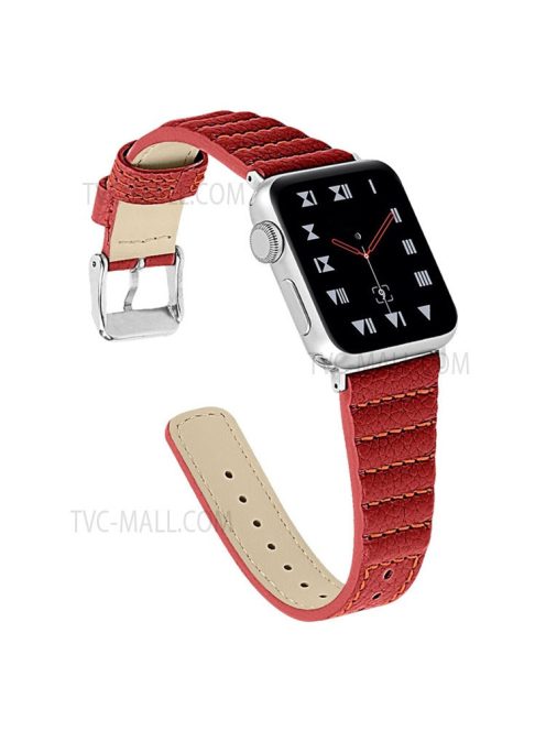 Wave Texture Cowhide Genuine Leather Smart Watch Strap Watchband for Apple Watch Series 10 46mm / Ultra 2 Ultra 49mm / 9 8 7 45mm / SE (2023) SE (2022) SE 6 5 4 44mm / 3 2 1 42mm - Red